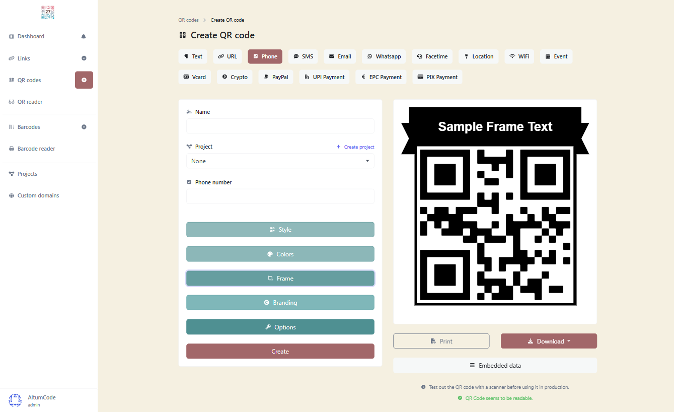 Screenshot of the QR code generator page
